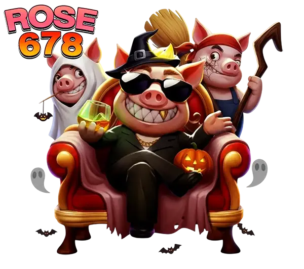 ไอคอน ROSE678 เกมสล็อตตัวละครการ์ตูนหมูนั่งเก้าอี้ทอง พร้อมเอฟเฟกต์เหรียญและของรางวัล