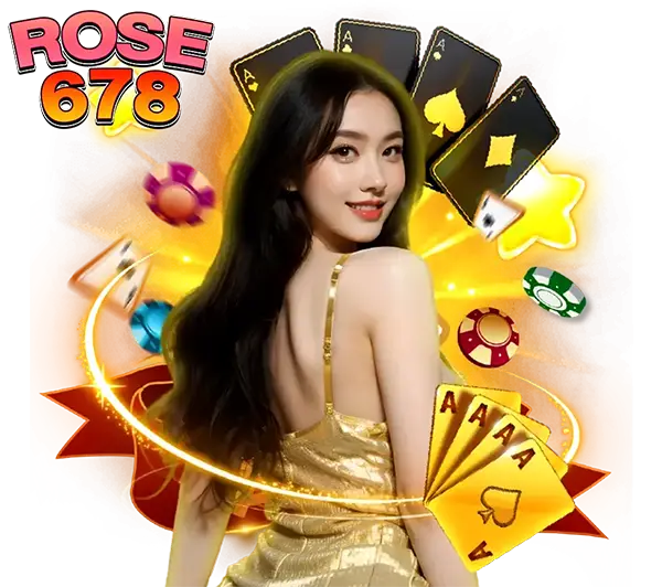 ไอคอน ROSE678 สล็อตแตกง่าย พรีเซนเตอร์หญิงพร้อมไพ่และเหรียญทองพื้นหลังเรืองแสง