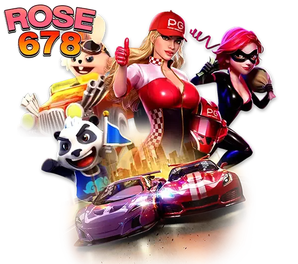 ไอคอน ROSE678 เกมสล็อต พรีเซนเตอร์หญิงชุดแดงพร้อมตัวละครเกมและเอฟเฟกต์ไฟเรืองแสง
