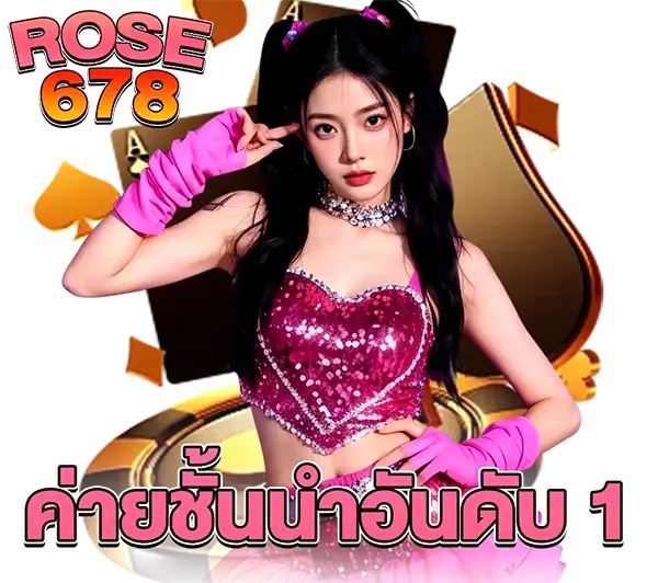 แบนเนอร์ ROSE678 คาสิโนสด พรีเซนเตอร์หญิงชุดชมพู พร้อมข้อความค่าคอมอันดับ 1