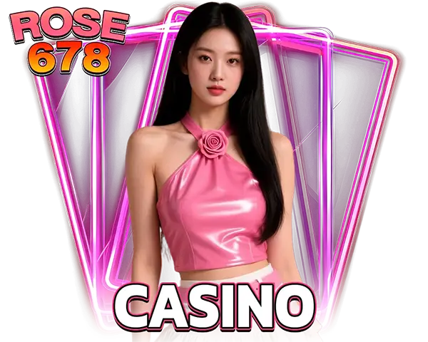 ไอคอน ROSE678 CASINO พรีเซนเตอร์หญิงชุดชมพูพื้นหลังนีออนสดใส
