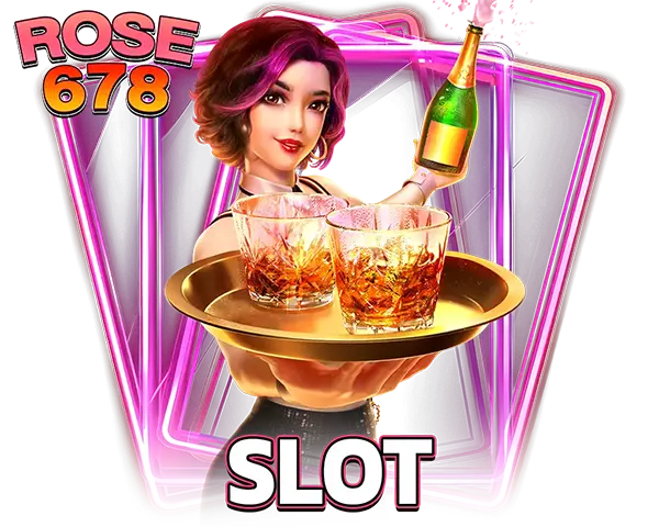 ไอคอน ROSE678 SLOT พรีเซนเตอร์หญิงพร้อมแก้วเครื่องดื่มและเหรียญทอง พื้นหลังนีออนชมพู