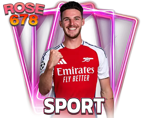 ไอคอน ROSE678 SPORT นักฟุตบอลเสื้อแดงพื้นหลังกรอบนีออนชมพู